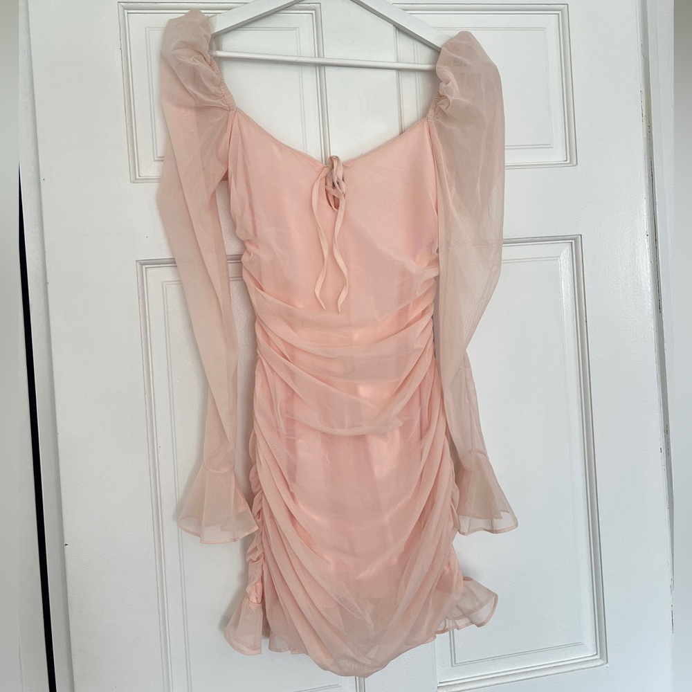 Oh Polly Pink Ruched Bodycon Dress with Bishop Sleeves